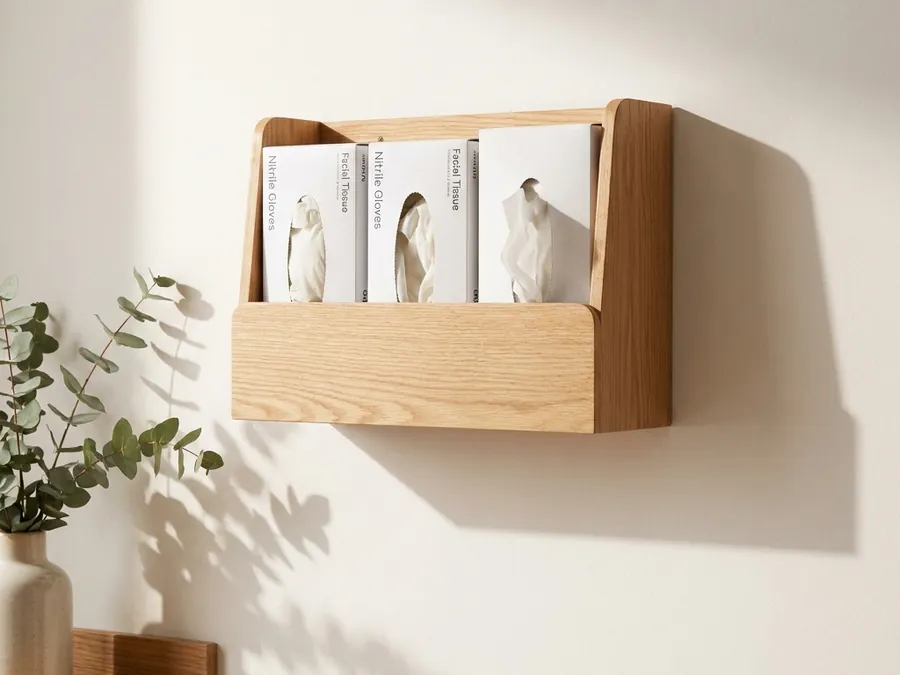 Glove and tissue box holders that keep supplies at arm's reach for medical and dental offices