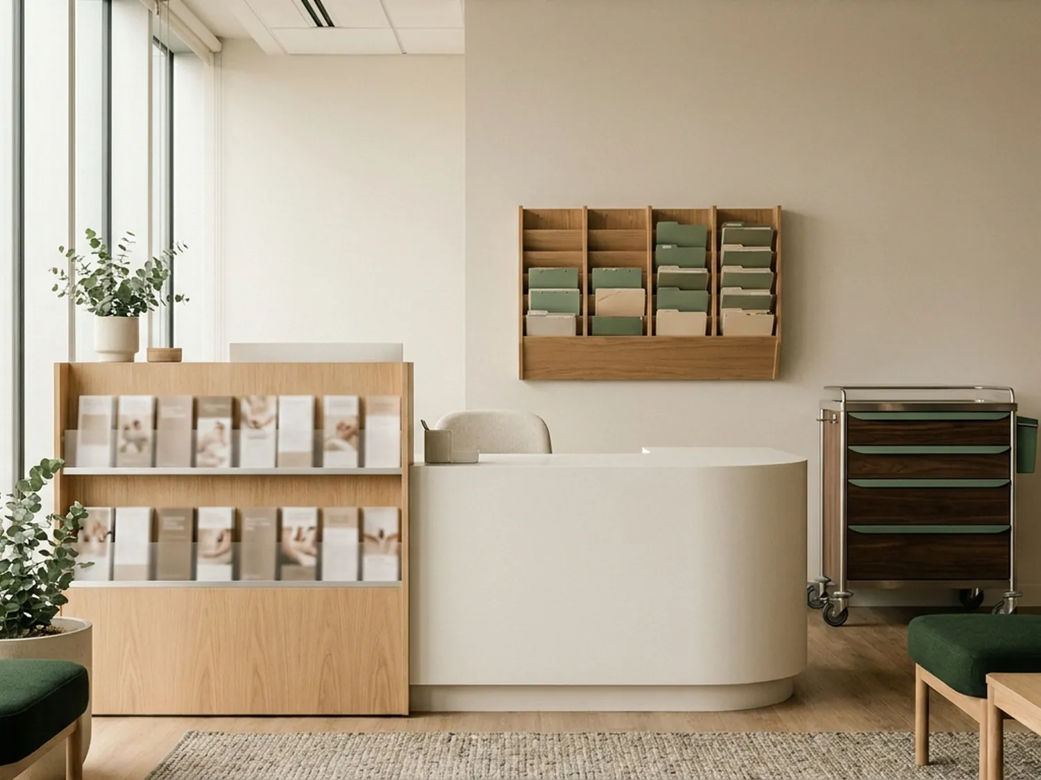 A calm medical reception with a wooden literature rack, a wall-mounted chart and file holder, a supply cart, and waiting-room seating in warm wood and eucalyptus green