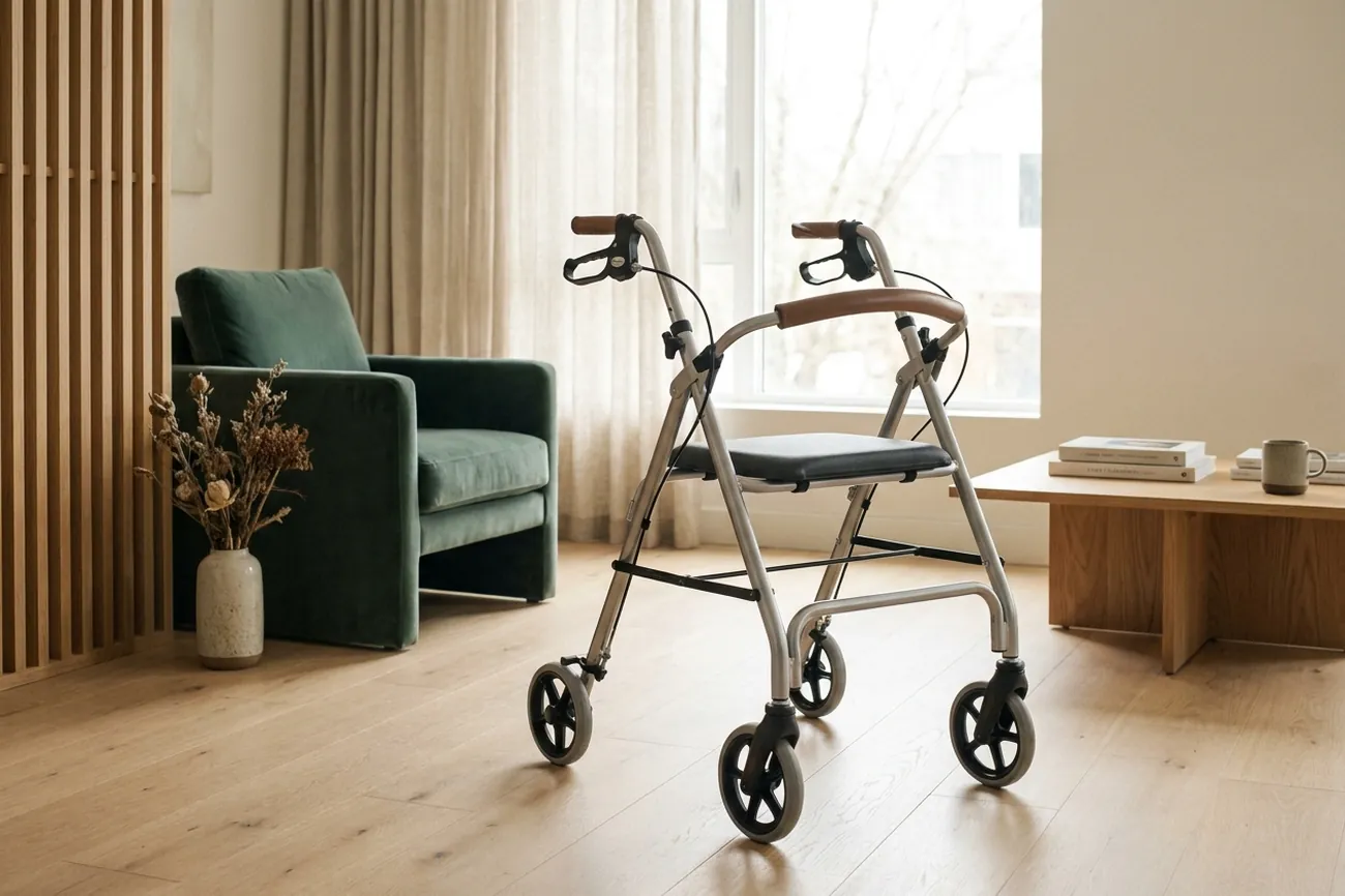 A rollator with a padded seat and brown grips at home, beside a green armchair in a bright, calm room